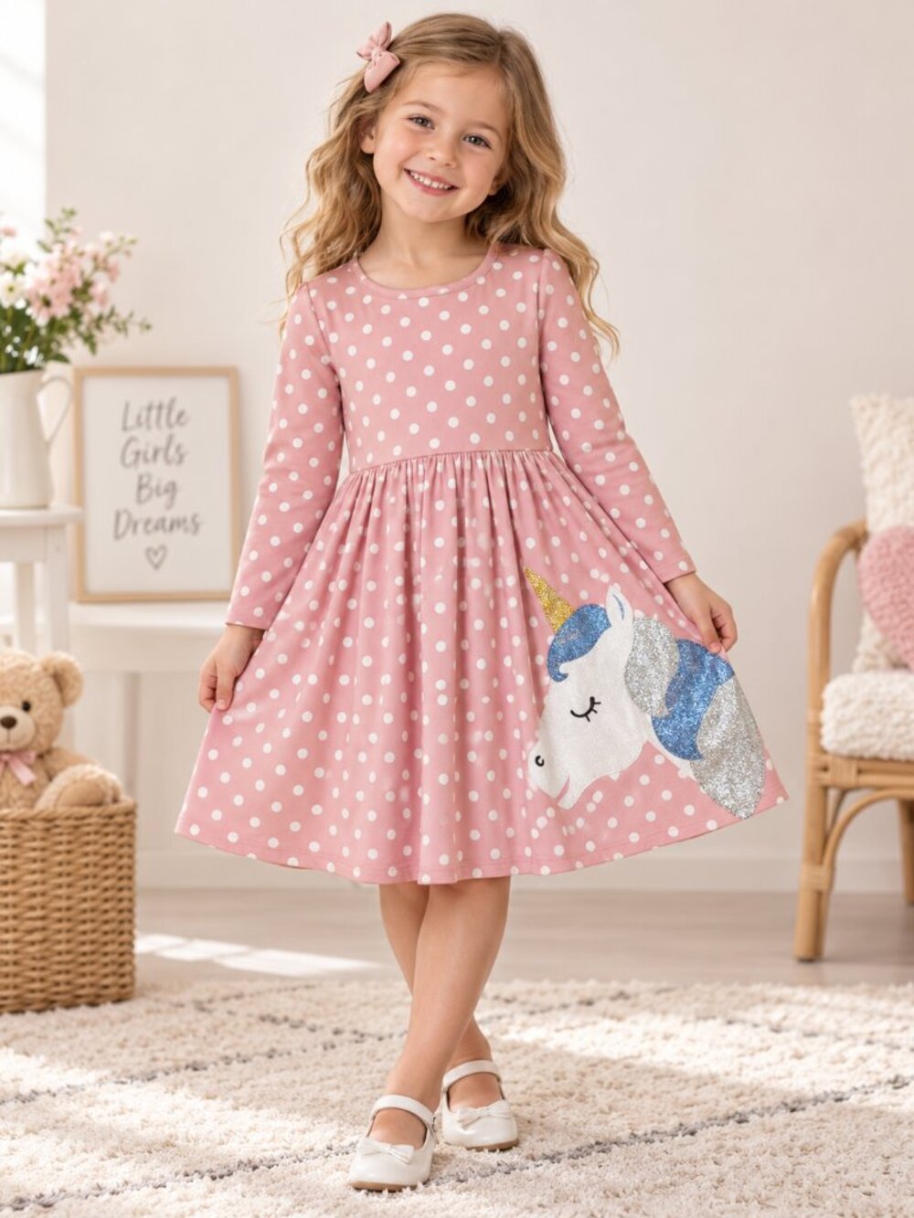 Lilt Girls Unicorn Dress Pink Sparkle Polka Dot Long Sleeve Size 6X